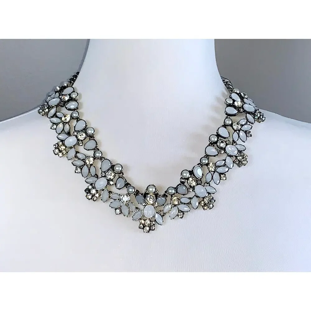 Ann Taylor LOFT Silver White Gray Crystal Cluster Statement Necklace